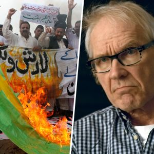 Konstnären Lars Vilks ritade Muhammed-karikatyren och lever nu under polisbeskydd på hemlig ort. Konstverket "Nimis" är ett bygge gjort av drivved. Kollage med Lars Vilks samt flaggbrännande muslimer i Pakistan.