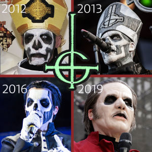 Papa Emeritus/Cardinal Copia genom åren. Ghosts Papa Emeritus/Cardinal Copia i fyrfält 2012, 2013, 2016 och 2019.