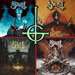Studioalbumen Opus Eponymous, Infestissumam, Meliora och Prequelle. Fyra skivomslag av Ghost i kvadrat.