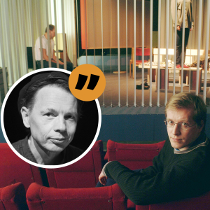 Porträtt av Tomas Jansson framför bild av Reko Lundán. 