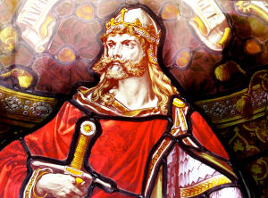 Viikinkikuningas Harald Ankara lasimaalauksessa Lerwigin kaupunkitalolla Shetlannissa.