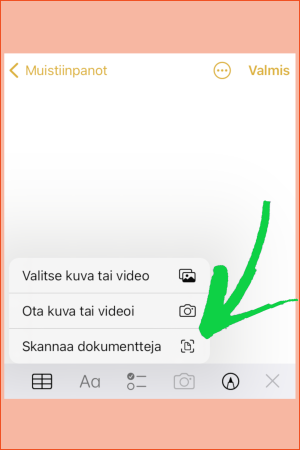 Applen mobiililaitteella on helppo skannata asiakirjoja Muistiinpanot- eli Notes-sovelluksella. Kuvakooste iPhonen näytön kuvakaappauksista: Skannaaminen Muistiinpanot-sovelluksella, kuvassa kaksi askelta.