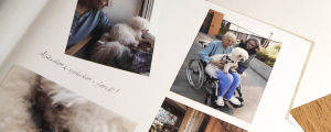 Markus Lundell gick bort i början av hösten. Bilden till höger är tagen vid Esbo sjukhus. Med på bilden är också hunden Hobbe och Markus fru Christina. Ett fotoalbum, med flera bilder på en äldre man i sjukhuskläder. I bilderna finns också en vit hund och en äldre kvinna.