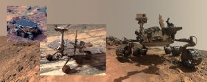 Kolme kulkijaa Marsin pinnalla: Sojourner (vasemmalla), MER ja Curiosity (oikealla). Kuvan Sojournerista otti sen emoalus, Pathfinder-laskeutuja. Opportunity ja Curiosity ottivat "selfiet" robottikäsivarren päässä olevan kameran kuvia yhdistelemällä. Kolme Mars-kulkijaa: Sojourner, MER ja Curiosity