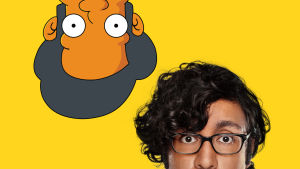 Apu - piirroshahmo vai painajainen. kuvituskuva, jossa ohjelman juontaja ja piirretty Apu-hahmo