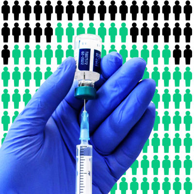 En illustrerande huvudbild på coronavaccin och människosiluetter i två olika färger.