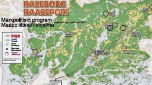 Karta ur stadens markpolitiska program. En karta som visar de markpolitiskt betydelsefulla områdena i Raseborg 2020.