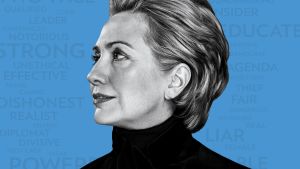 Hillary Rodham Clinton -dokumentin graafisessa markkinointikuvassa Hillary Clinton mustassa poolopaidassa sinistä taustaa vasten.