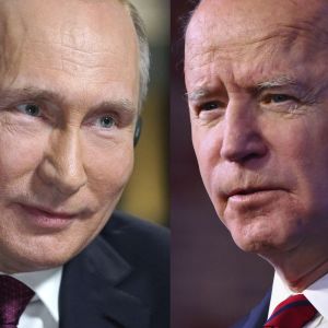 Ansiktsbilder på Rysslands president Vladimir Putin och USA:s president Joe Biden.