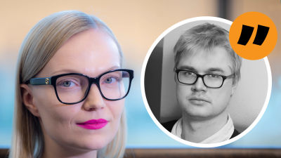 En ung kvinna ser in i kameran, hon ser allvarsam ut. Brevid henne ett porträtt på en allvarsam man.