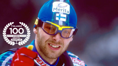 Mika Myllylä, 1999, med logon för Finlands 100 största idrottsögonblick.
