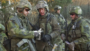 Försvarsutskottet riktar kritik särskilt mot informationsgången i frågor om Natosamarbetet eller samarbete med Storbritannien. Fyra män i militärkläder. Tre av dem tittar på något som en av dem håller i sin hand. Den fjärde mannen står bakom dem. Den man som håller i något i sin hand har ett gevär över sin axel. Alla har typiska kamoflagekläder.