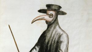 Pestdoktorns traditionella utstyrsel: heltäckande dräkt, handskar och ansiktsmask. En teckning av läkare iförd en mask med en lång näbb under pesten i Venedig på 1600-talet