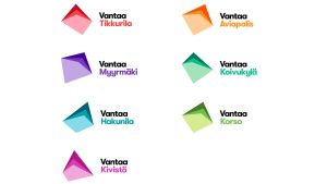 De sex stora stadsdelarna i Vanda har fått varsinn egen logotyp och färg. Vanda stads nya logotyper för stadsdelarna