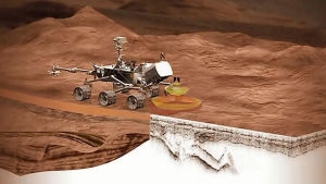 Illustration på den kommande Mars 2020-rovern och dess radar som kan upptäcka dolda sedimentlager, stenar, is, vatten och saltvatten. Mars 2020-rovern (illustration)