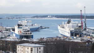 Fartyg där det väckts coronamisstankar får inte komma in i hamnen i Hangö, men personer som uppvisar symptom skickas med största sannolikhet till Raseborgs sjukhus. Bilden är en arkivbild. Tre fartyg i Hangö hamn. Bilden är tagen från Hangö vattentorn.
