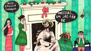 Ur Lotta Greens julkalender 2018 Man som klätt ut sig till Messias familj som skäms. teckning