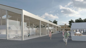 Collins vision över hur Borgå torg kunde se ut i framtiden. Projekteringsbild över en saluhall på Borgå torg.