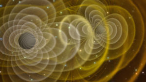 Gravitationsvågor är "svallvågor" i själva rumtiden. Illustration av kolliderande svarta hål.