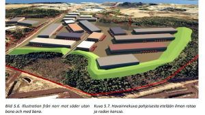 Så här kunde det enligt planförslaget se ut på Rudus område i Joddböle i framtiden när allt berg är borta och det i stället har skapats ett industriområde. Det finns också tankar om en järnvägsförbindelse till Joddböle men det är osäkert om den blir av. En illustrationsbild som beskriver hur Rudus område i Joddböle i Ingå kunde se ut i framtiden. Hallar och lastbilar som står parkerade framför hallarna. Vägar, skog.