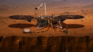 Nasas konstnärliga tolkning av Insight i arbete på Mars. Schematisk bild av robotbas på Mars.