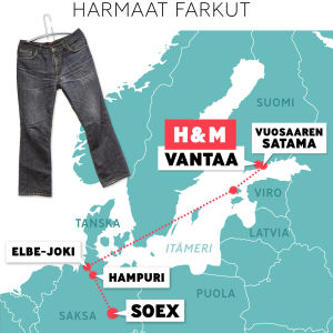 Kartta H&M:lle jätettyjen vaatteiden reitistä Vantaalta Saksaan.