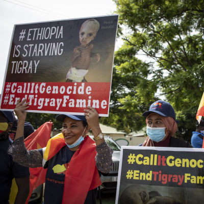 Människor klädda i blått, gult och rött håller upp plakat där det krävs ett slut på folkmordet och svälten i Tigray.