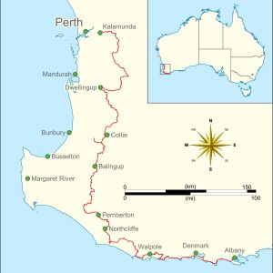 Karta över Bibbulmun Track. Bibbulmun map