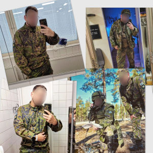Kuvakollaasi armeijakuosiin pukeutuneista miehistä. Selfieitä, sekä yksi kuva kahdesta miehestä metsässä. Miesten kasvot on sumennettu. 