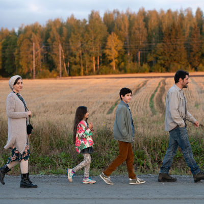 Familjen Mehdipour på promenad mot bakgrunden av en finländsk åker i solnedgången.