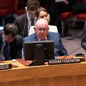 Rysslands FN-ambassadör Vassilij Nebenzia under säkerhetsrådets debatt på tisdagen. 