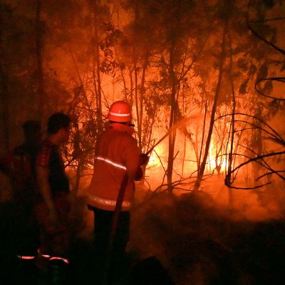 Brandmän jobbar med släckning av bränder i Indonesien. 