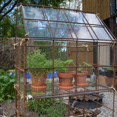 Ett litet örtväxthus byggt av armeringsjärn och pleciglas med tre terrakottakrutor med örter i.
