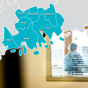 En vårdare syns genom ett fönster, på bilden finns en karta över Östra Nylands välfärdsområde