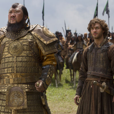 (L-R) Daulet Abdigaparov, Benedict Wong and Lorenzo Richelmy in a scene from Netflix's "Marco Polo."