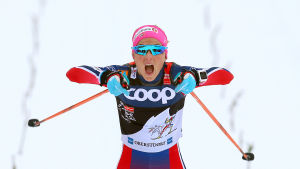 Om inte Johaug får fira i Lahtis kanske finländskor i stället får göra det. Therese Johaug jublar, januari 2016.