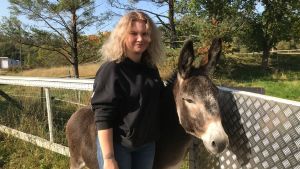 Ida Kurman är van med får på hemgården, men i Brusaby har hon fått lära sig sköta många olika slags djur. Ida Kurman poserar med en åsna