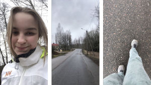 Kaisla Dahlqvist var ute på promenad i Pojo kyrkoby när hon intervjuades. Hon brukar hålla kontakt med sina vänner via Snapchat, och skickade de här fotona via appen till Yle Västnyland. Tre bilder från en promenad