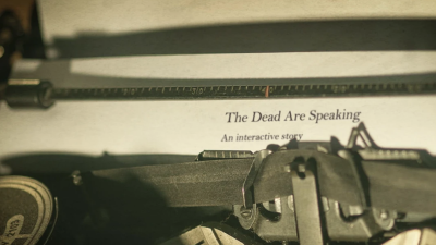 Kirjoituskone jossa näkyy teksti: The Dead Are Speaking. An interactive story.