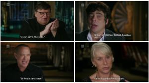 Oscar-voittajat muistelevat: Michael Moore, Benicio del Toro, Tom Hanks, Helen Mirren. Michael Moore, Benicio Del Toro, Tom Hanks ja Helen Mirren dokumenttielokuvassa Ja Osacrin saa... Kollaasi kuvakaappauksista.