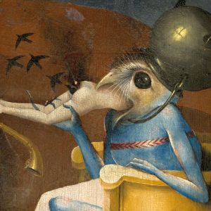 Lintupäinen hirviö. Yksityiskohta Boschin teoksesta Maallisten ilojen puutarha