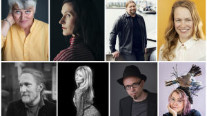Åtta författare har valts ut. I övre raden, från vänster: Pirkko Saisio, Malin Kivelä, Ralf Andtbacka och Maija Muinonen. Nedre raden, från vänster: Antti Salminen, Laura Laakso, Aki Salmela och Meiju Niskala. Ett kollage med porträtt på flera personer i olika åldrar. Vissa av bilderna är i färg, andra svartvita.