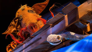 Ett oväntat möte mellan vildsvinsgalten Valter och ormen Lola. Foto från Dockteater Ofelias uppsättning Reetu och Lola.