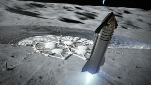 Så här kan det se ut i en avlägsen framtid då en av SpaceX:s Starship-farkoster lyfter från en internationell rymdbas på månens yta. Konstnärs återgivning av en SpaceX-rymdraket som lyfter från en bas på månen.