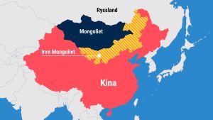 Inre Mongoliet är ett område lika stort som Finland, Sverige och Norge tillsammans. Karta över Kina och Inre Mongoliet.