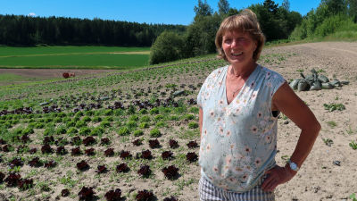 Porträtt av Ingrid Träskman som står vid sin grönsaksodling.