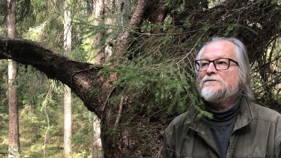 Man står i skogen.