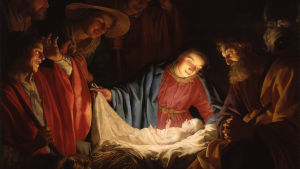 Jesus var också någons barn. Målning av Jesusbarnet i krubban omgiven av Jungfru Maria, Josef och herdar.