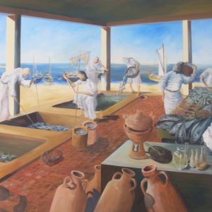 Peinture illustrant l'usine de salaison exposée au musée archéologique de Nabeul