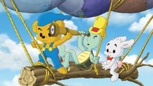 Bamse och häxans dotter. Ba,se, Skalman och Lille Skutt åker hemmagjord luftballong.